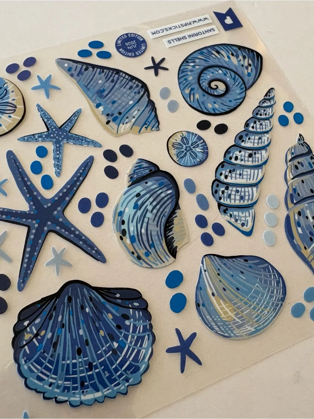 Santorini Shells Blue Seashell Sticker Sheet - Scrapbook junk journal